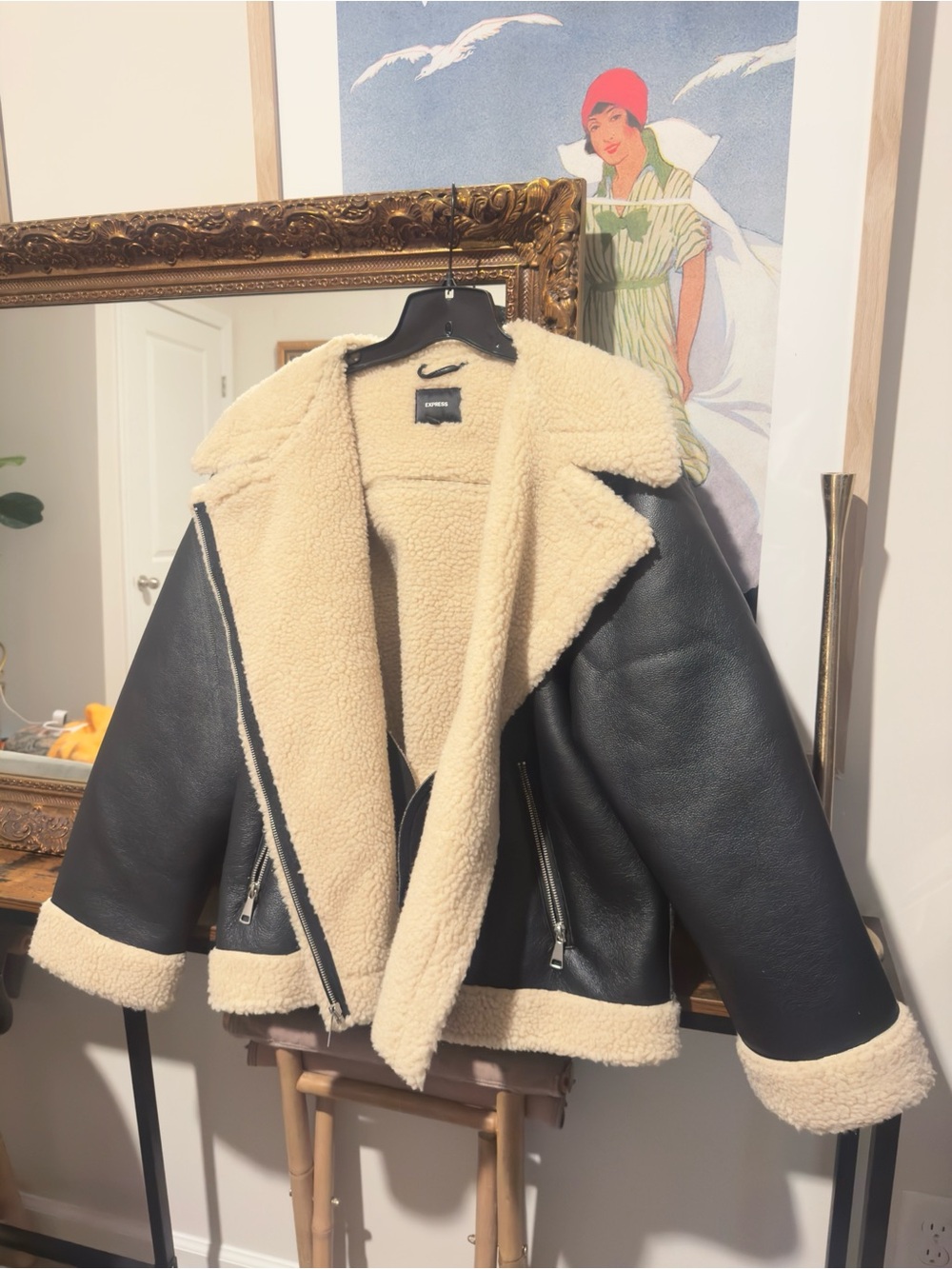 Faux Leather Sherpa Aviator Jacket - Black/Cream